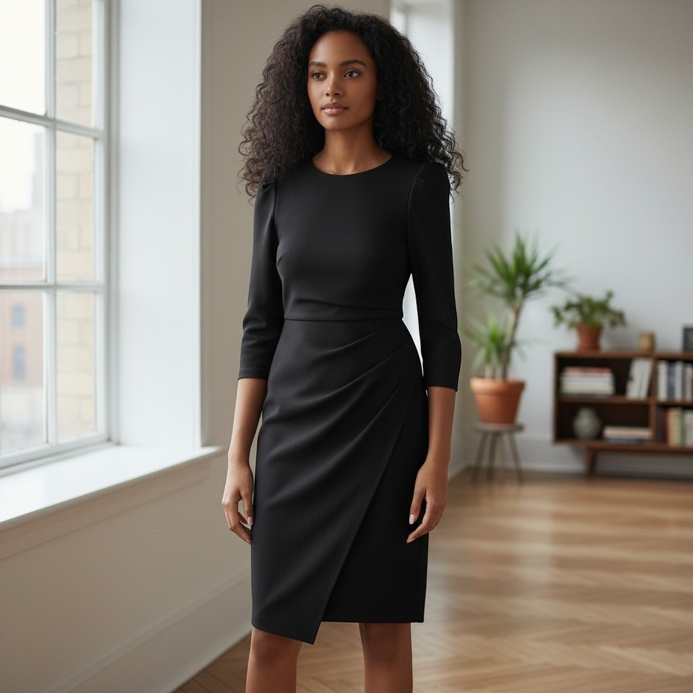 Eliza J Black Long Sleeve Knit Midi Dress Ruching Puff Shoulder Womens 12 Ponte